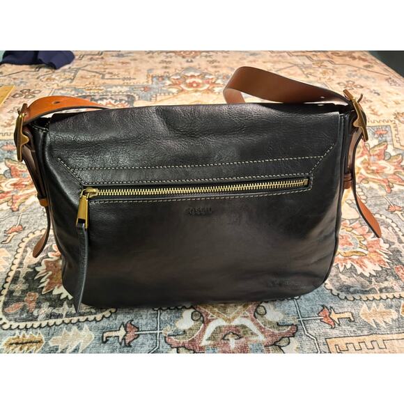 Fossil Crossbody Satchel Purse Medium Tote Black Leather Rocker Bag - Picture 8 of 14